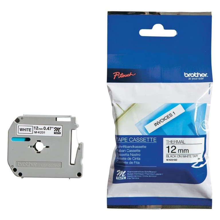Cinta original Brother no laminada 12 MM Negra sobre blanco MK231BZ